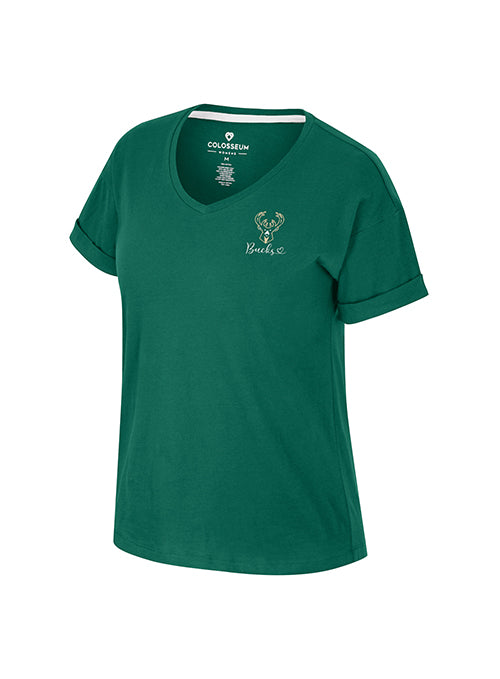 Women's Tiara Rolled Sleeve Green Milwaukee Bucks V-Neck T-Shirt- front