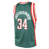 Youth Mitchell & Ness HWC '13 Giannis Antetokounmpo Milwaukee Bucks Swingman jersey in Green, White, and Red - Back View