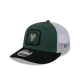 New Era 9Fifty Square Icon Mesh Milwaukee Bucks Snapback Hat in Green and White - Angled Left Side View
