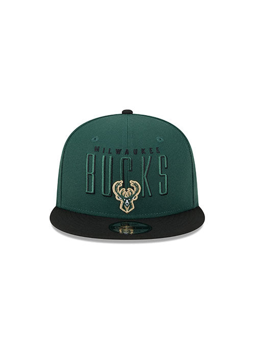 New Era 9Fifty Headline 2-Tone Milwaukee Bucks Snapback Hat in Green and Black - Front View