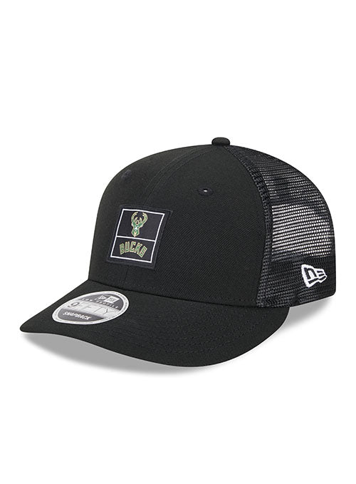 New Era 9FIfty Labeled Icon Mesh Milwaukee Bucks Snapback Hat in Black - Angled Left Side View
