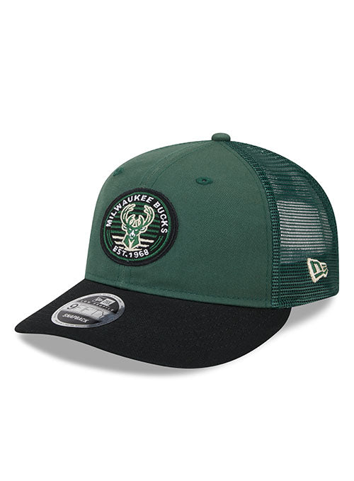 New Era 9FIfty Circle Patch Mesh Milwaukee Bucks Snapback Hat in Green and Black - Angled Left Side View