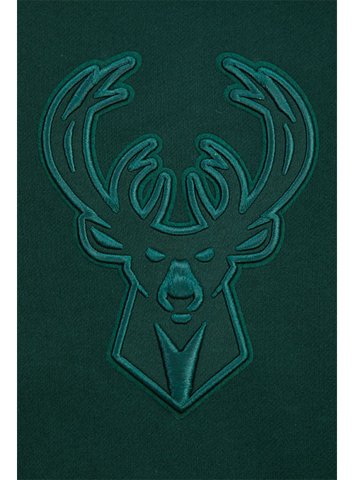 Pro Standard Neutral Pine Milwaukee Bucks Crewneck Sweatshirt - Zoomed in Front Logo View
