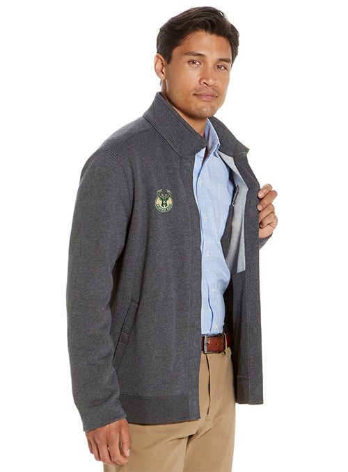 Magna-Ready Charcoal Knit Milwaukee Bucks Fleece Long Sleeve Jacket with Magnetic Closures- model