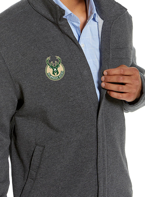 Magna-Ready Charcoal Knit Milwaukee Bucks Fleece Long Sleeve Jacket with Magnetic Closures-front