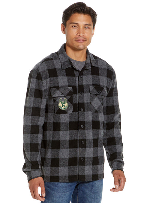 Magna-Ready Black and Charcoal Milwaukee Bucks Flannel Shirt with Magnetic Closures-model