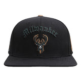 Pro Standard Old English Milwaukee Bucks Black Snapback Hat-front