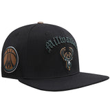 Pro Standard Old English Milwaukee Bucks Black Snapback Hat-angled left