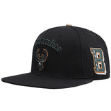 Pro Standard Old English Milwaukee Bucks Black Snapback Hat-angled right