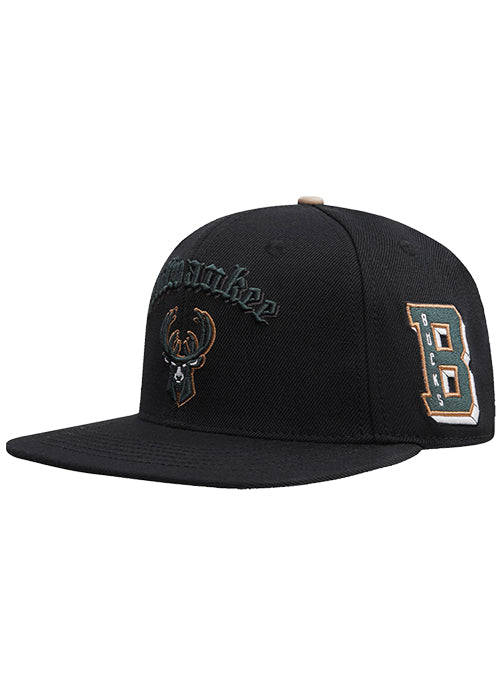 Pro Standard Old English Milwaukee Bucks Black Snapback Hat-angled right