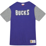 Mitchell & Ness HWC '93 Color Blocked Milwaukee Bucks T-Shirt in Purple and Grey - Front View