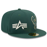 New Era Alpha Industries 59Fifty E1 Milwaukee Bucks Fitted Hat in Green - Angled Right Side View