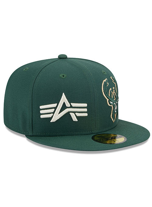 New Era Alpha Industries 59Fifty E1 Milwaukee Bucks Fitted Hat in Green - Angled Right Side View