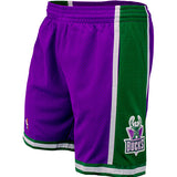 Mitchell & Ness Hardwood Classics 2000 Milwaukee Bucks Swingman Shorts In Purple and Green - Left Side View