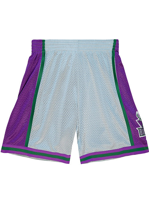 Mitchell & Ness Hardwood Classics 1993 75th Anniversary Milwaukee Bucks Swingman Shorts In White, Purple And Green - Back View