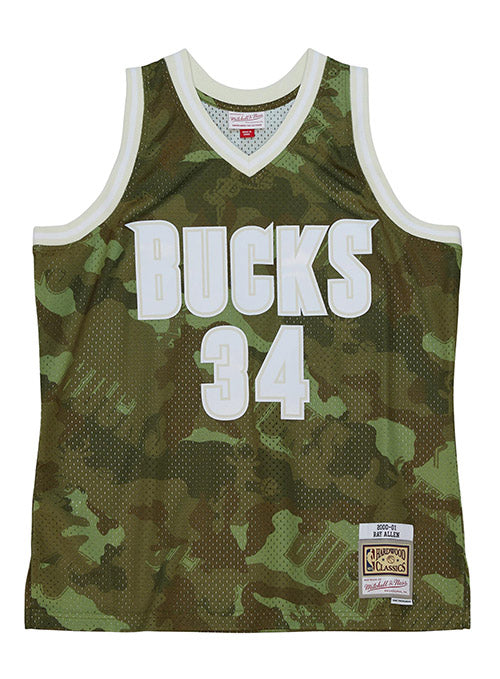 Mitchell & Ness HWC 2000 Ghost Ray Allen Milwaukee Bucks Swingman Jersey In Green Camouflage & White - Front View