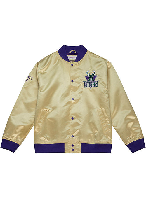 Mitchell & Ness HWC '93 Reverse Milwaukee Bucks Lightweight Varsity Jacket In Gold & Purple - Gold Front View