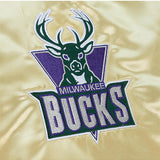 Mitchell & Ness HWC '93 Reverse Milwaukee Bucks Lightweight Varsity Jacket In Gold & Purple - Zoom View On Gold Front Logo