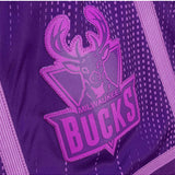 Mitchell & Ness HWC '93 Monochrome Milwaukee Bucks Swingman Shorts In Purple - Zoom View On Left Leg Graphic