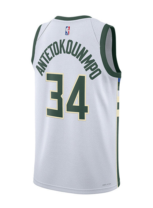 Nike 2022 Association Edition Giannis Antetokounmpo Milwaukee Bucks Swingman Jersey In White - Back View