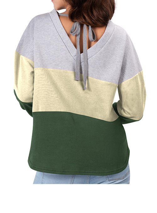 Women's Touch Outfield Colorblock Milwaukee Bucks Crewneck Sweatshirt In Grey, Cream & Green - Back View On Model