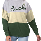 Women's Touch Outfield Colorblock Milwaukee Bucks Crewneck Sweatshirt In Grey, Cream & Green - Front View On Model