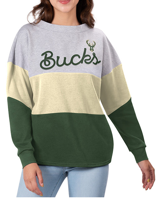 Women's Touch Outfield Colorblock Milwaukee Bucks Crewneck Sweatshirt In Grey, Cream & Green - Front View On Model