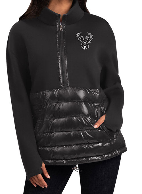 Women's G-III 1/2 Zip Pro Ball Black Milwaukee Bucks Pullover