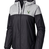 Women's Columbia Flash Forward Milwaukee Bucks Full Zip Windbreaker Jacket In Black & Grey - Front View