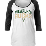 Women's New Era Raglan Sequin Milwaukee Bucks Long Sleeve T-Shirt In White & Black - Front View