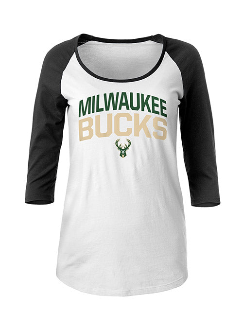 Women's New Era Raglan Sequin Milwaukee Bucks Long Sleeve T-Shirt In White & Black - Front View