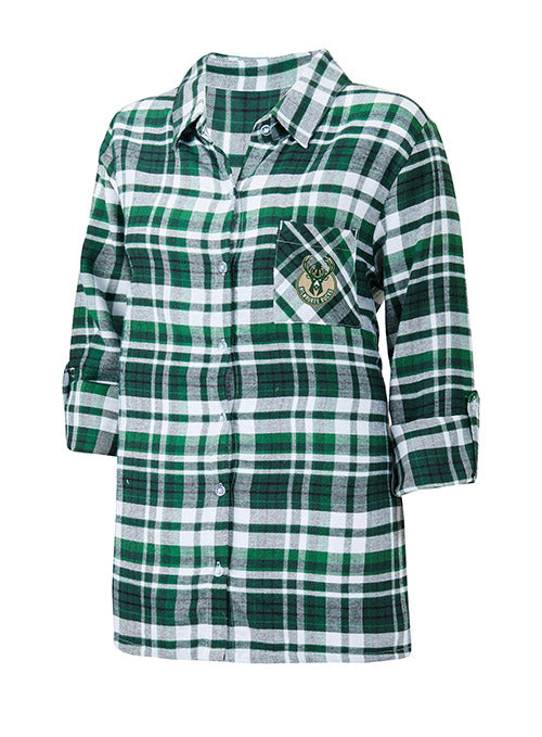 Women's Concepts Sport Mainstay Flannel Milwaukee Bucks Nightshirt In Green - Front View