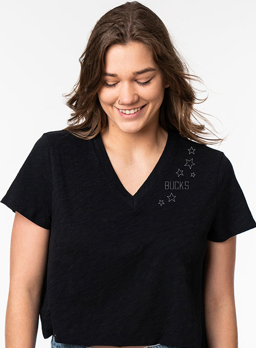 Women's Lusso Lucy Stars & Stitches Milwaukee Bucks T-Shirt In Black - Shirt On Model