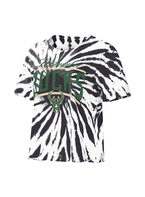 Women's Starter Zone Blitz Crop Milwaukee Bucks T-Shirt In Black, White & Green - Front View