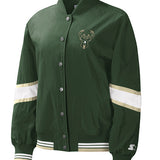 Women's Starter Crinkle Pinnacle Milwaukee Bucks Jacket In Green - Front View