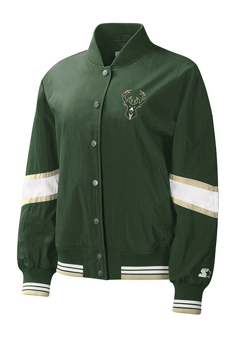Women's Starter Crinkle Pinnacle Milwaukee Bucks Jacket In Green - Front View
