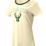 Women's G-III Power Play Milwaukee Bucks T-Shirt In Tan - Front View
