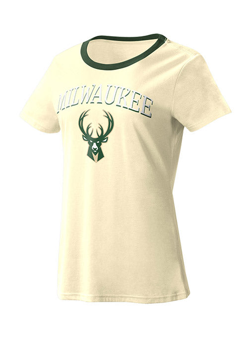 Women's G-III Power Play Milwaukee Bucks T-Shirt In Tan - Front View