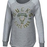 Women's Touch Gridiron Distressed Milwaukee Bucks Crewneck Sweatshirt In Grey - Front View