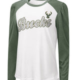 Women's Touch Puff Crowd Milwaukee Bucks Long Sleeve T-Shirt In Green & White - Front View
