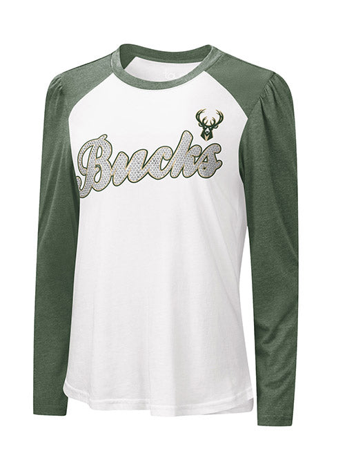Women's Touch Puff Crowd Milwaukee Bucks Long Sleeve T-Shirt In Green & White - Front View