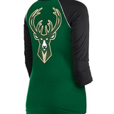 Women's New Era 3/4 Sleeve Athletic GRN/BLK Milwaukee Bucks T-Shirt in Green and Black - Angled Rear Right Side View
