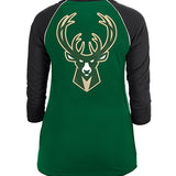 Women's New Era 3/4 Sleeve Athletic GRN/BLK Milwaukee Bucks T-Shirt in Green and Black - Back View