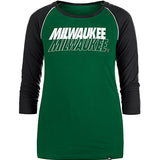 Women's New Era 3/4 Sleeve Athletic GRN/BLK Milwaukee Bucks T-Shirt in Green and Black - Front View