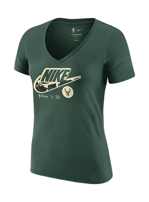 Women's Nike Dri-FIT Essential Logo Fir Milwaukee Bucks V-Neck T-Shirt In Green - Front View