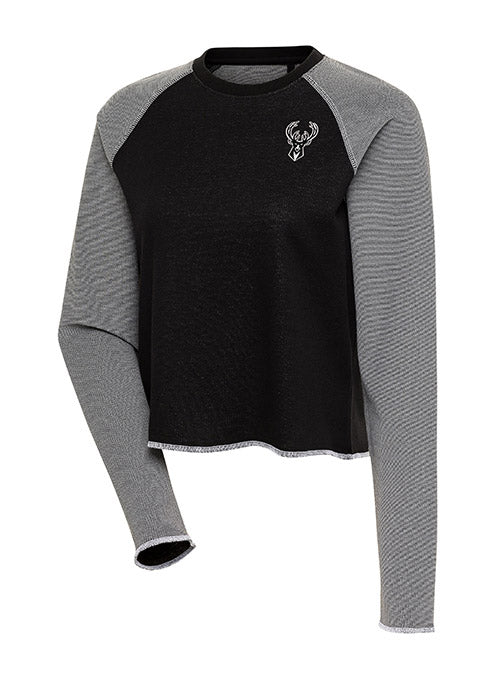 Women's Antigua Play Tonal Icon Milwaukee Bucks Long Sleeve T-Shirt In Black & Grey - Front View