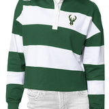 Women's Antigua Radical Icon Milwaukee Bucks Long Sleeve T-Shirt In Green & White - Front View On Mannequin