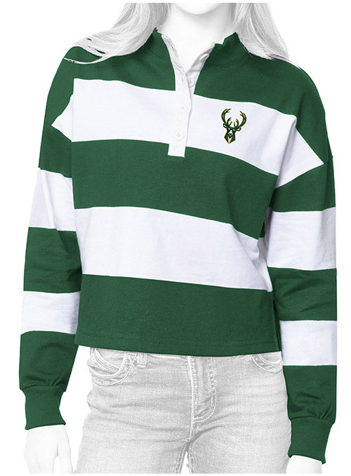 Women's Antigua Radical Icon Milwaukee Bucks Long Sleeve T-Shirt In Green & White - Front View On Mannequin