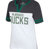 Women's Split Neck Frost Yourself Milwaukee Bucks T-Shirt In White & Grey - Front View