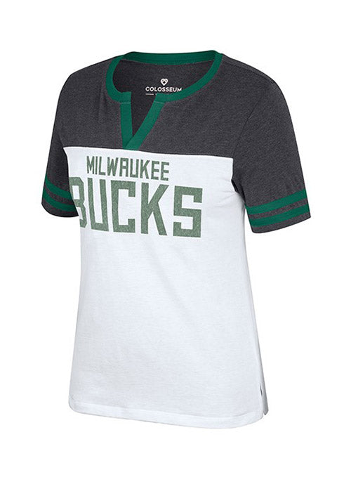 Women's Split Neck Frost Yourself Milwaukee Bucks T-Shirt In White & Grey - Front View